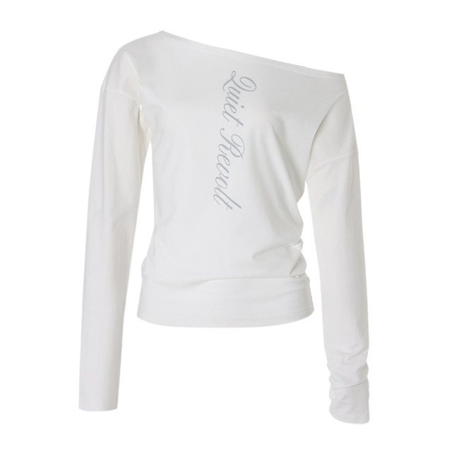 Unique SEI 韩系ins风简约斜领露肩字母印花显瘦百搭长袖T恤上衣