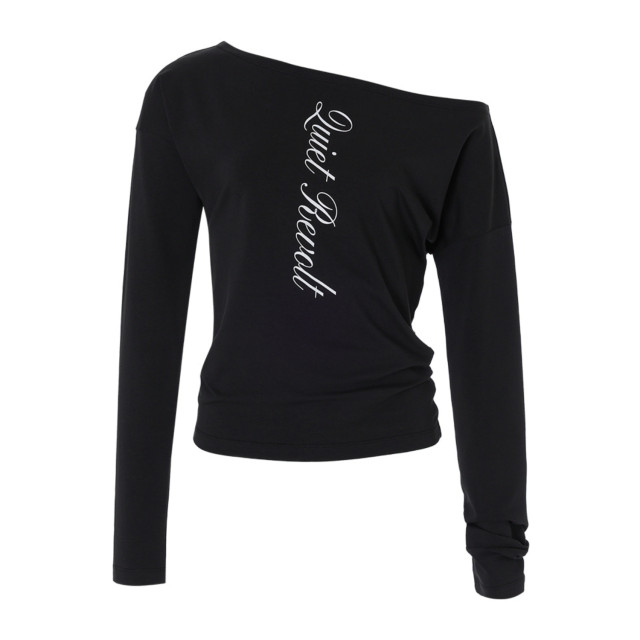 Unique SEI 韩系ins风简约斜领露肩字母印花显瘦百搭长袖T恤上衣